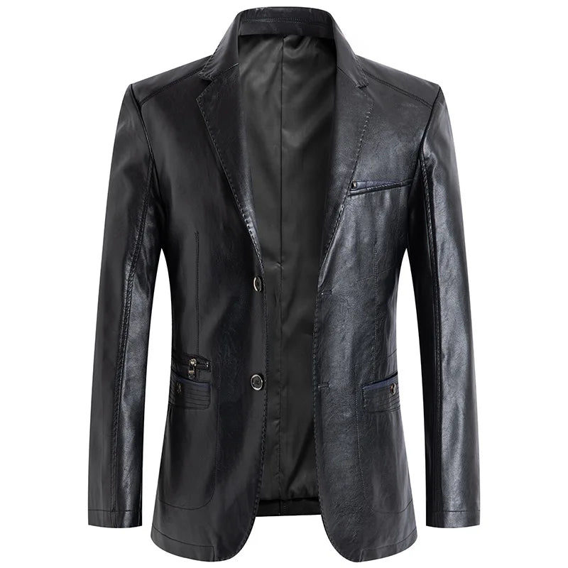 Stand‑Collar Faux Leather Jacket — Casual Solid‑Color Design