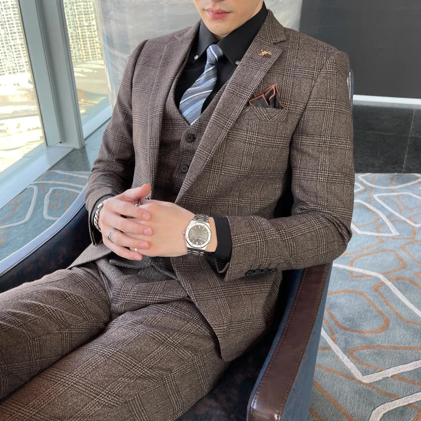 British Plaid Three‑Piece Suit – Slim Fit Edition