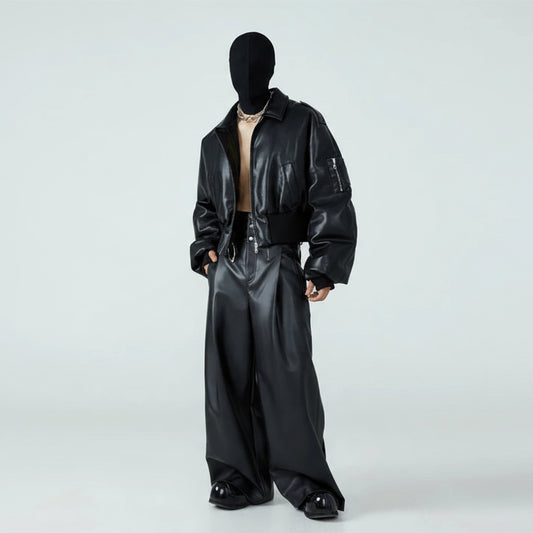 Short Black Faux Leather Puffer‑Lined Jacket
