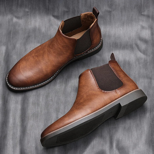 Retro Faux‑Leather Chelsea Boots — Brown Ankle Slip‑Ons