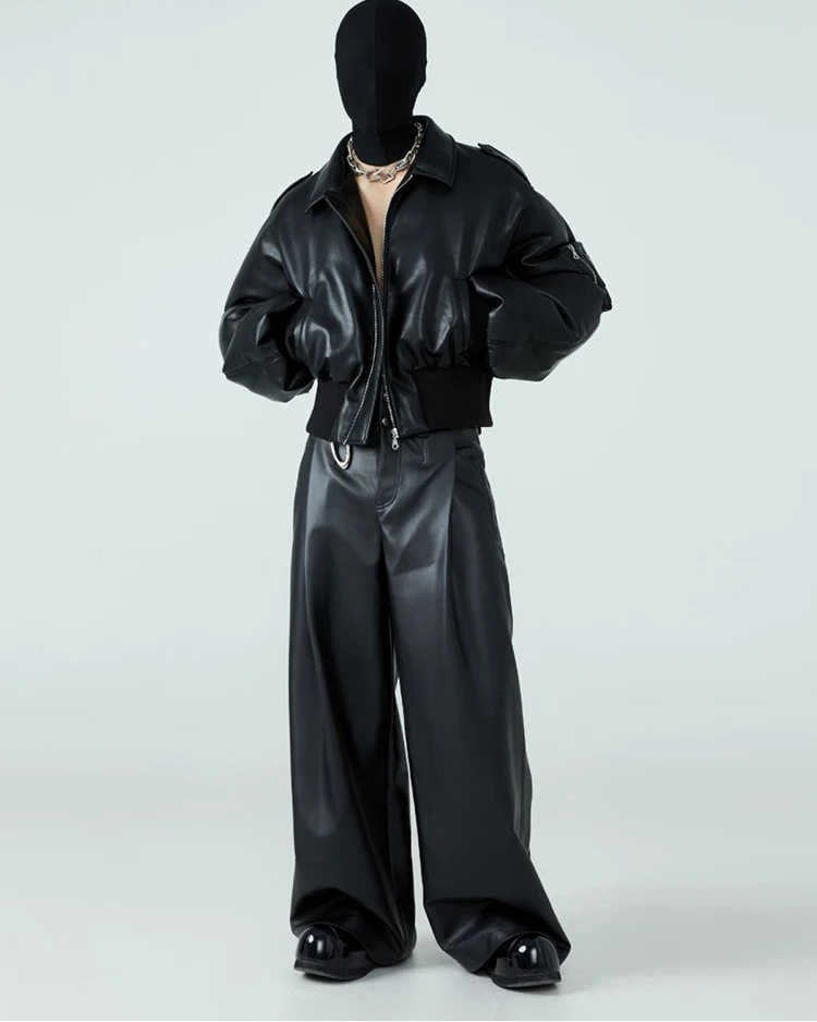 Short Black Faux Leather Puffer‑Lined Jacket