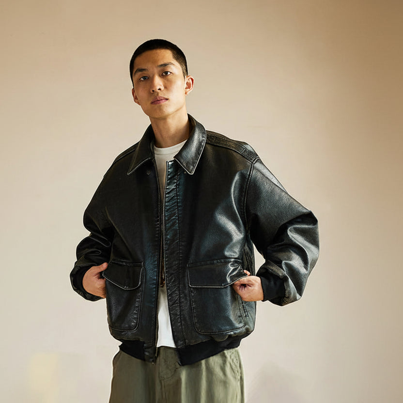 Vintage Faux Leather Jacket — Oversized High‑Street Black