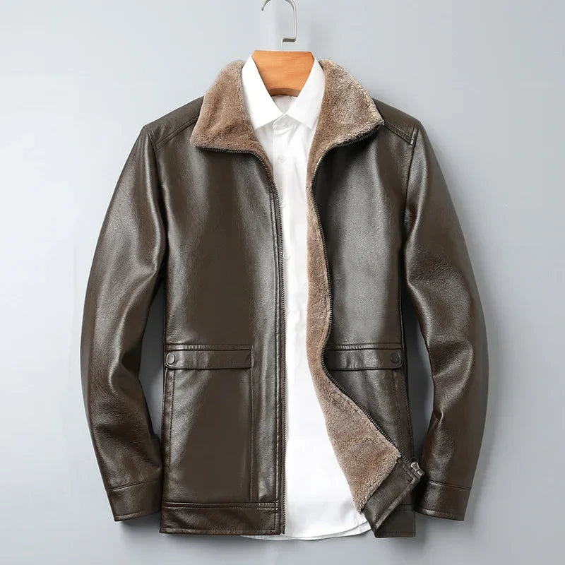Short Faux‑Leather Jacket with Wool Liner