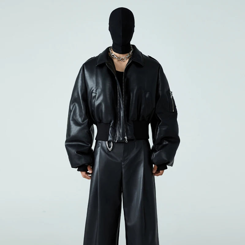 Short Black Faux Leather Puffer‑Lined Jacket