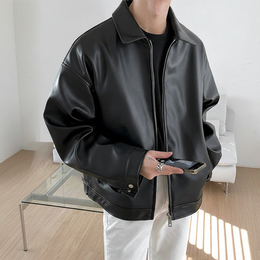 Short Black Faux Leather Jacket — Lightweight Wide‑Fit