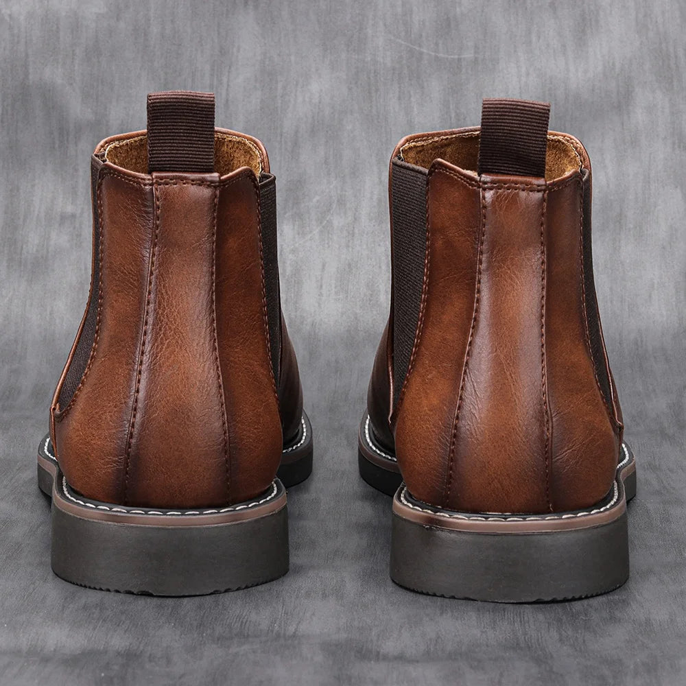 Retro Faux‑Leather Chelsea Boots — Brown Ankle Slip‑Ons