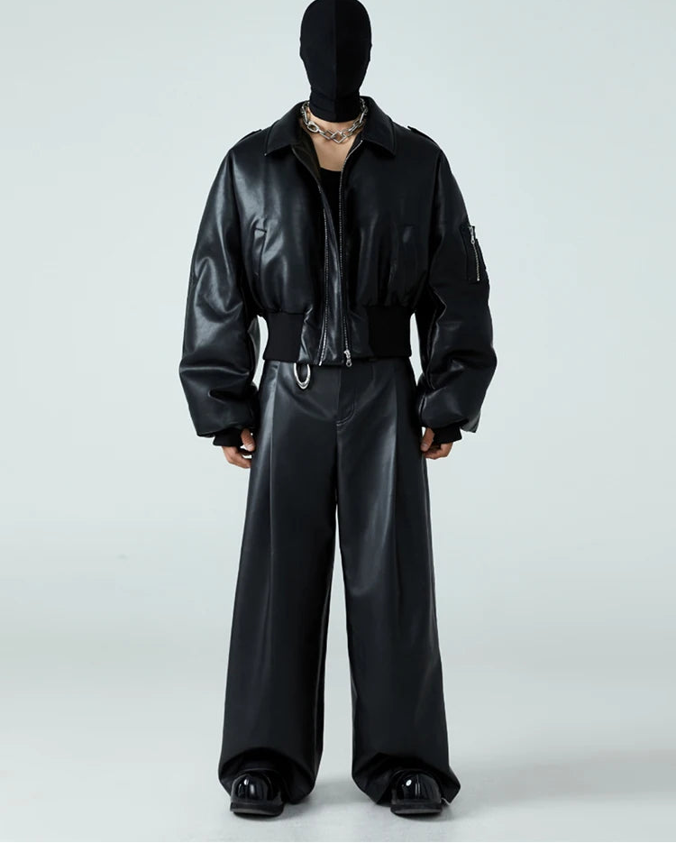 Short Black Faux Leather Puffer‑Lined Jacket