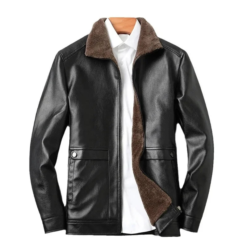 Short Faux‑Leather Jacket with Wool Liner