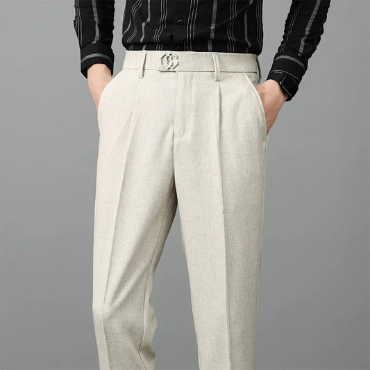 Twill Pleated Linen‑Blend Dress Trousers