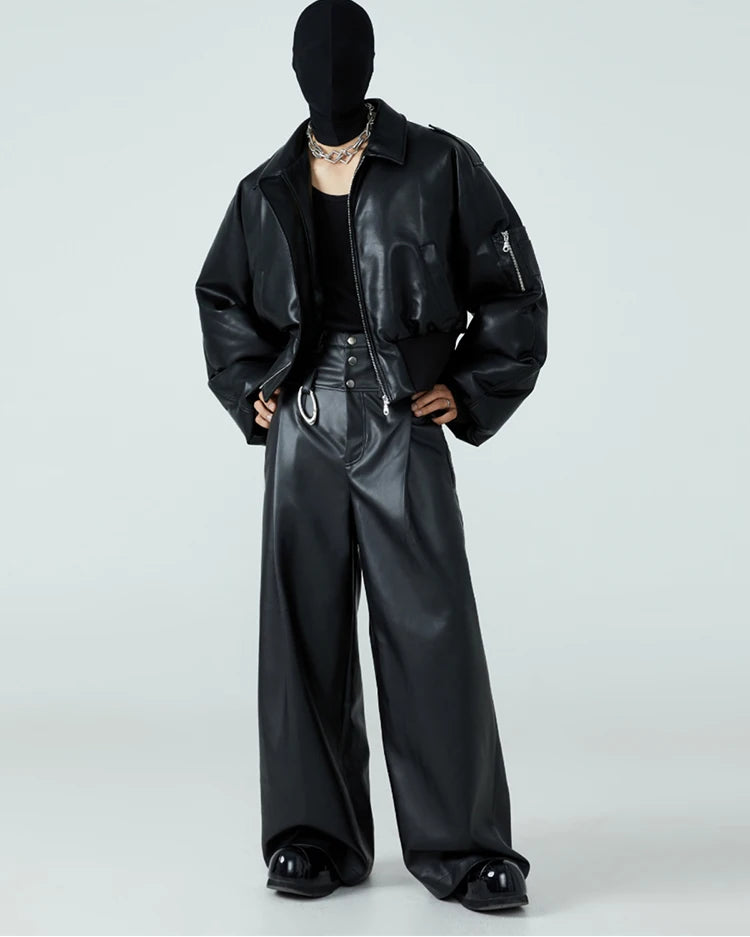 Short Black Faux Leather Puffer‑Lined Jacket