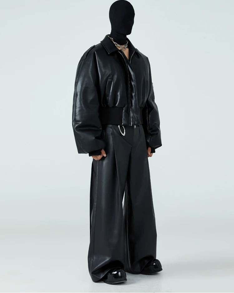 Short Black Faux Leather Puffer‑Lined Jacket