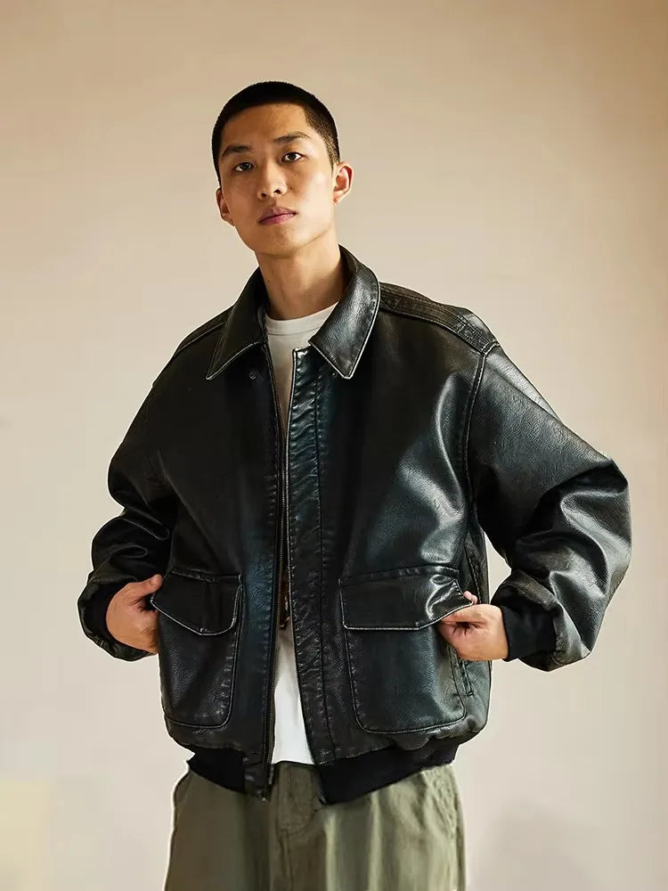 Vintage Faux Leather Jacket — Oversized High‑Street Black
