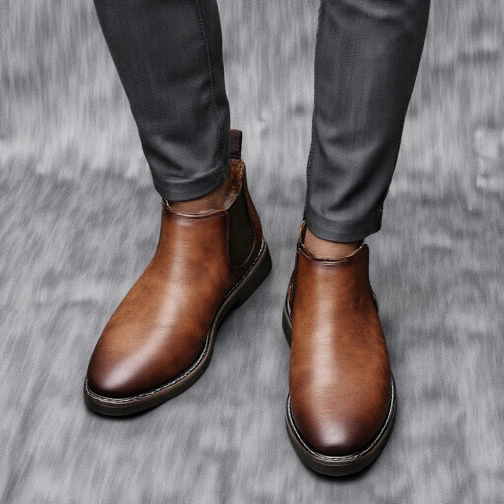 Retro Faux‑Leather Chelsea Boots — Brown Ankle Slip‑Ons