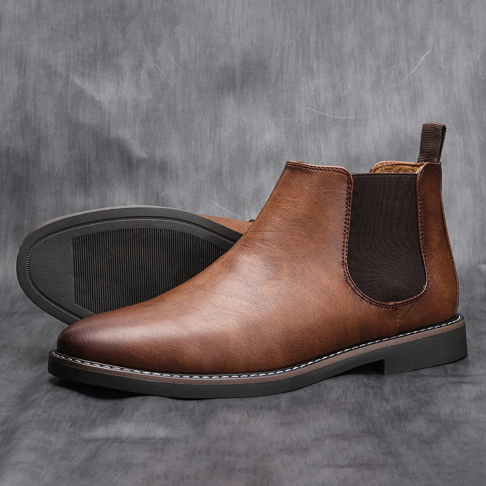 Retro Faux‑Leather Chelsea Boots — Brown Ankle Slip‑Ons