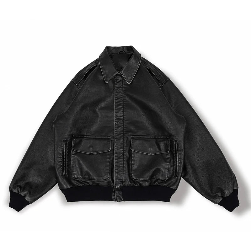 Vintage Faux Leather Jacket — Oversized High‑Street Black