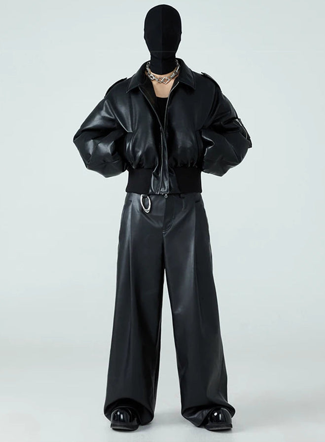 Short Black Faux Leather Puffer‑Lined Jacket