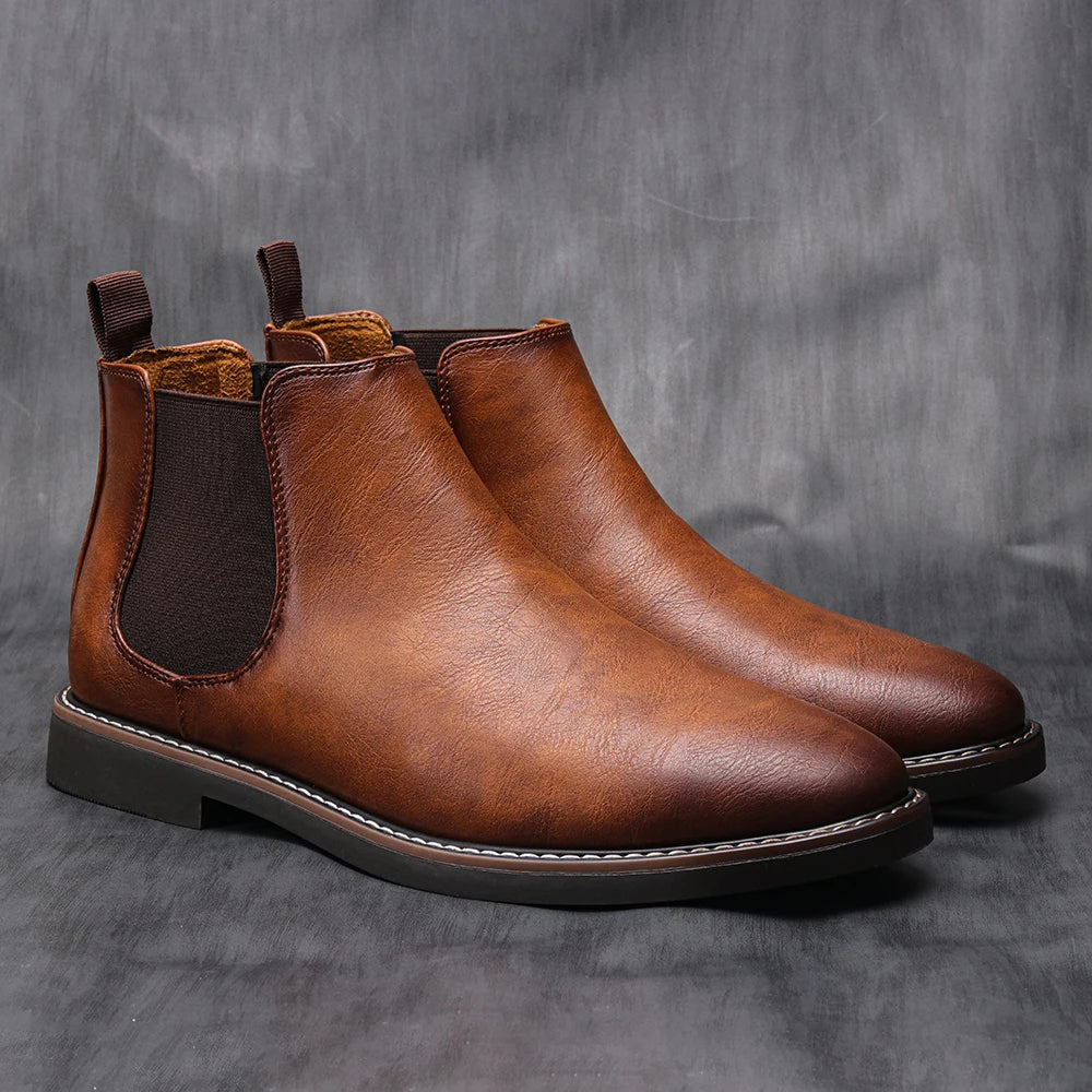 Retro Faux‑Leather Chelsea Boots — Brown Ankle Slip‑Ons