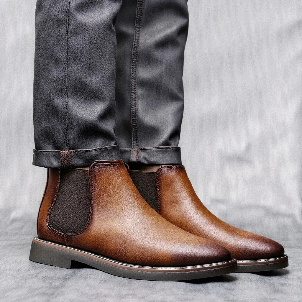 Retro Faux‑Leather Chelsea Boots — Brown Ankle Slip‑Ons
