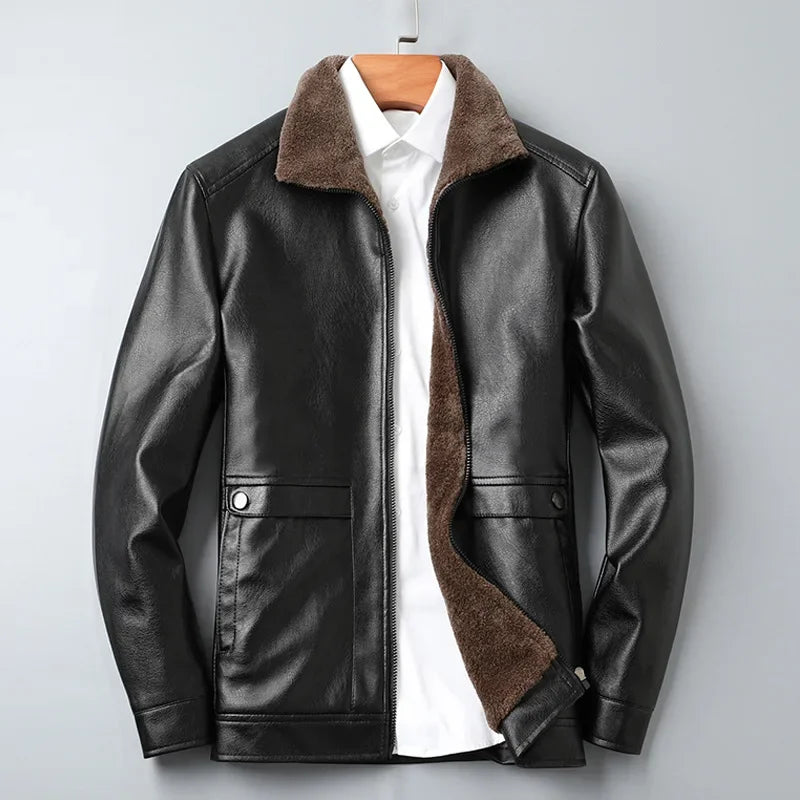 Short Faux‑Leather Jacket with Wool Liner