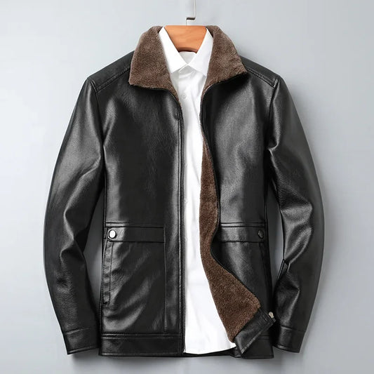 Short Faux‑Leather Jacket with Wool Liner