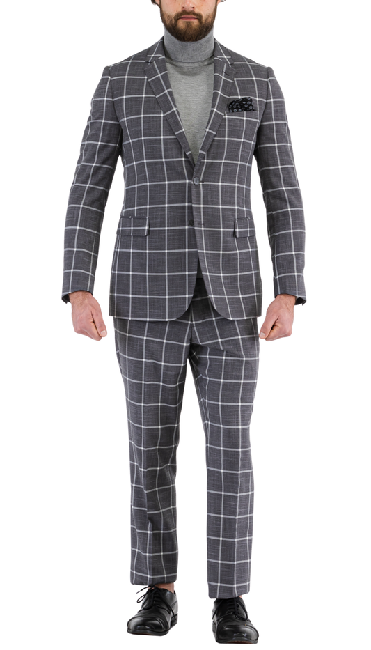 Grey Plaid Slim‑Fit Suit – Contrast Vest Edition