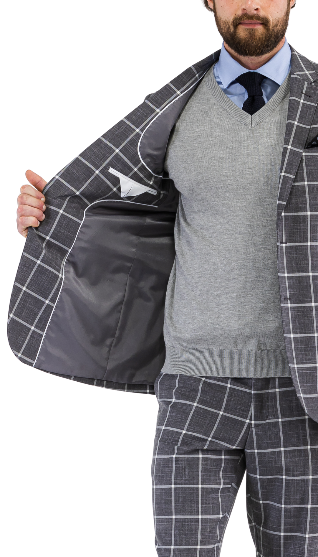 Grey Plaid Slim‑Fit Suit – Contrast Vest Edition