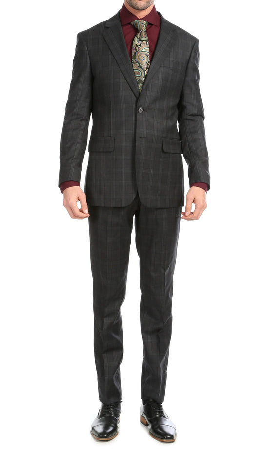 Black Plaid Wool Slim‑Fit Suit – Two‑Piece Edition
